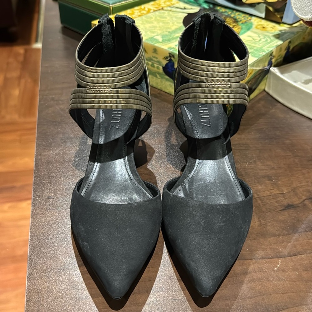 Schutz Black Suede Pointed Heels with Metallic Wrap Straps – Size 7